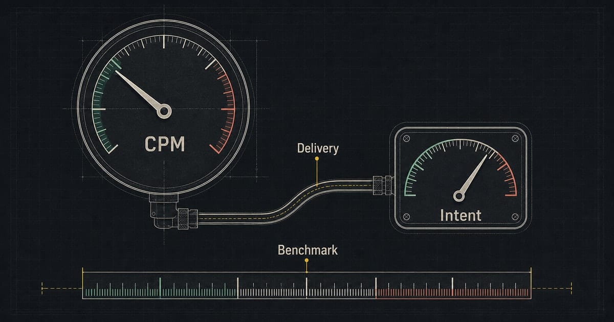 Dark CPM diagnostic blueprint showing delivery cost routed into intent and benchmark measurement