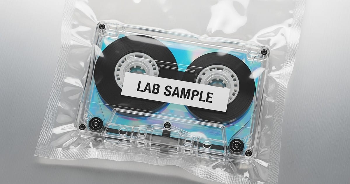 A transparent, futuristic audio cassette tape with iridescent internal reels sealed inside a clear vacuum-pack bag labeled LAB SAMPLE.