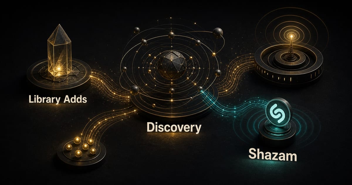 Dark editorial data sculpture showing Apple Music discovery signals across library adds, Discovery, and Shazam