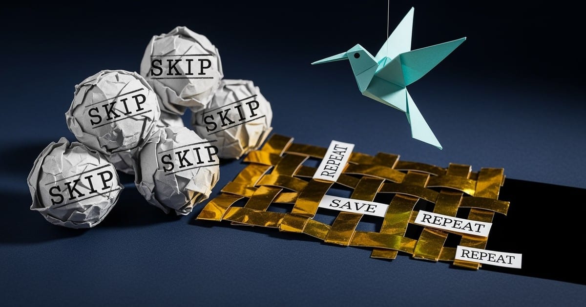 Paper craft diorama of a teal origami bird being hit by grey debris labeled SKIP, while a golden foil net labeled SAVE catches it.