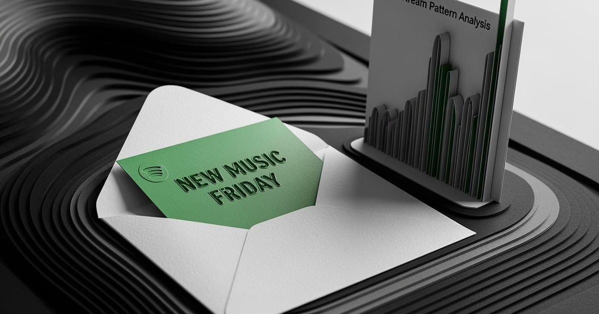 A detailed paper craft illustration showing an open envelope with a card reading NEW MUSIC FRIDAY next to a rising paper bar graph.