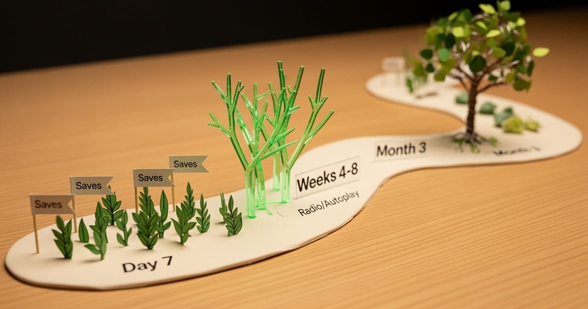 A physical timeline diorama showing a song's growth, from a small sprout at week one to a flourishing tree at month three.