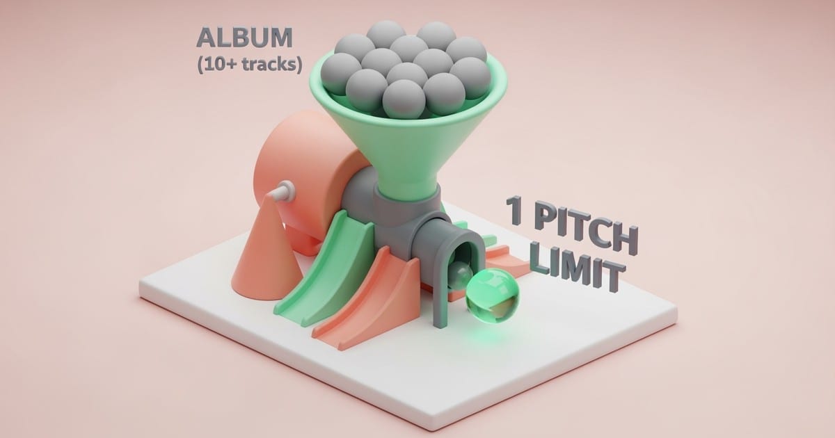 A 3D isometric illustration of a stylized sorting machine where twelve grey spheres wait at the top, but only one glowing green sphere is