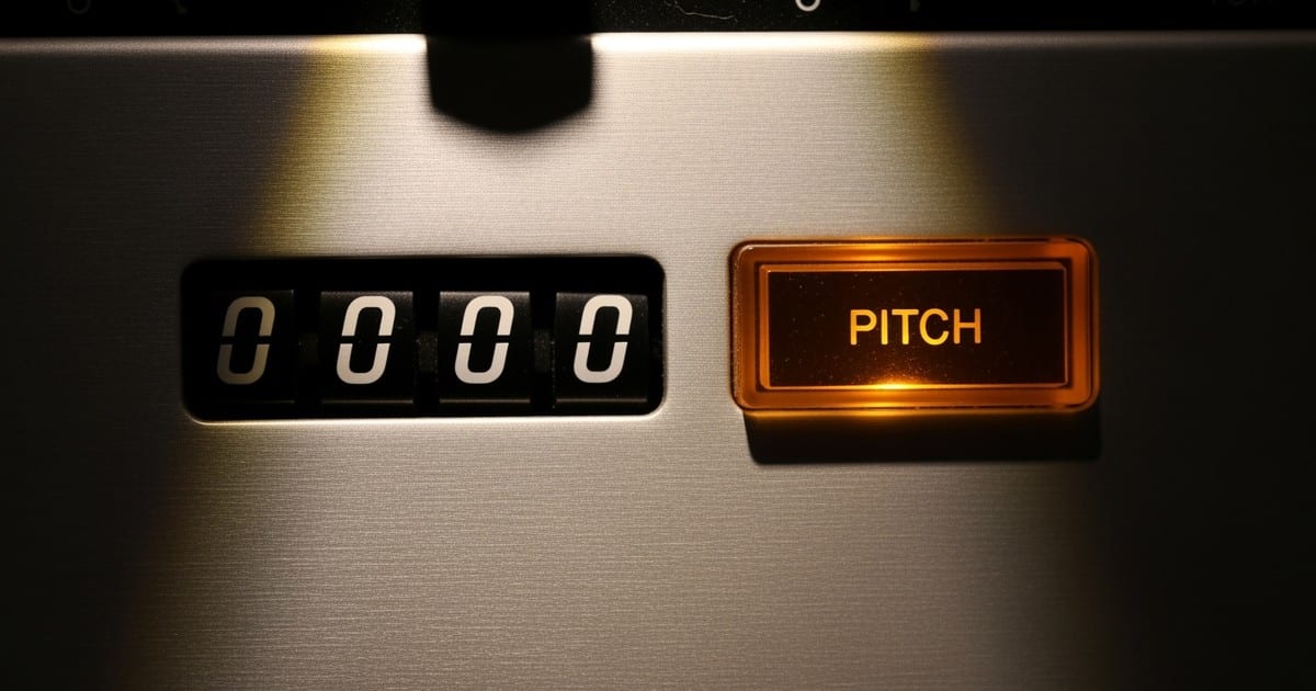Macro photograph of a vintage audio counter reading 0000 next to an illuminated green button labeled PITCH on a brushed metal console.