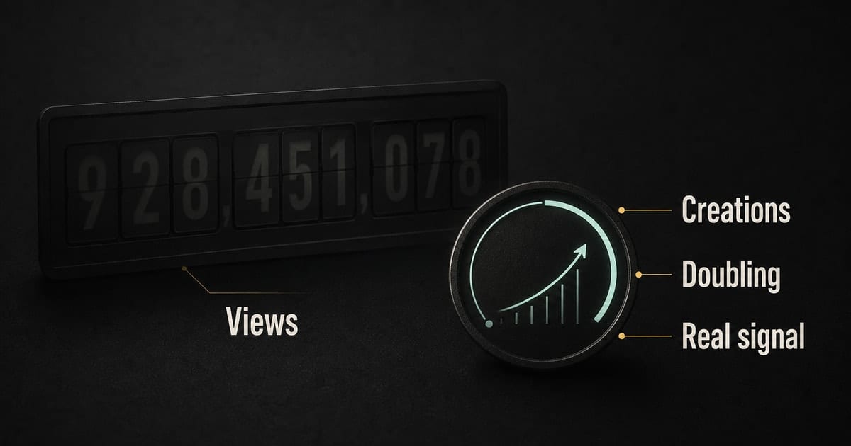 Dark measurement diagram contrasting TikTok view count with video creations and sustained growth