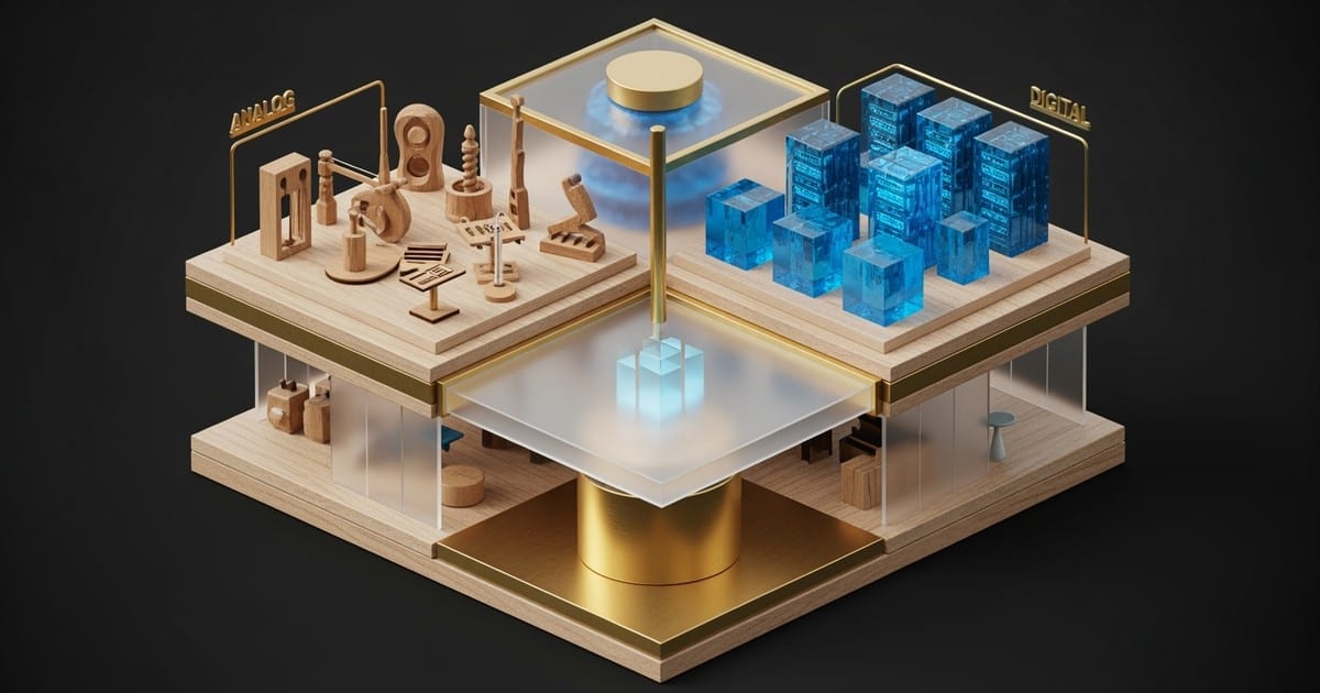 A detailed isometric diorama of a conceptual music factory where wooden analog marbles and blue digital glass marbles are processed into