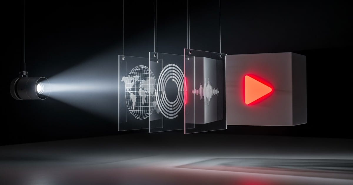 A cinematic studio shot of a focused beam of light passing through suspended glass panes to project a glowing red play icon onto a floating