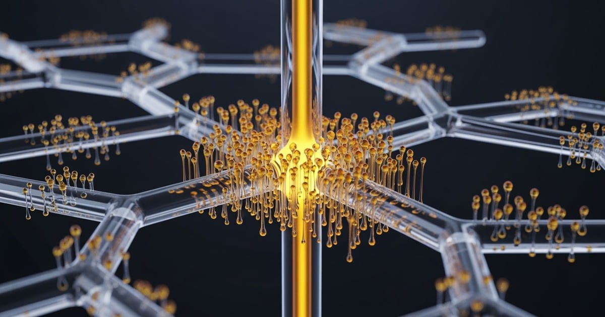 A 3D render of a network of clear glass tubes against a dark background, with molten gold liquid flowing from many small branches into a