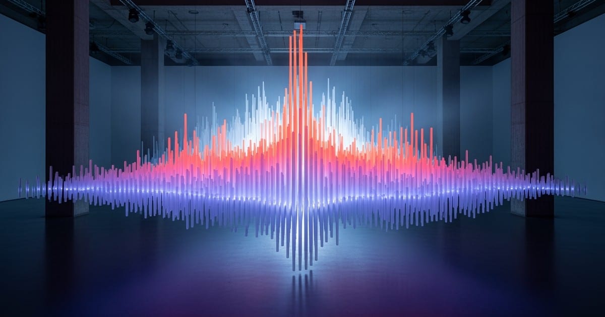 A monumental light installation in a concrete warehouse, where hundreds of suspended vertical rods glow in a violet and coral gradient to