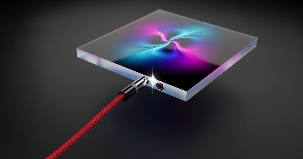 A high-end 3D render of a red audio cable plugging into a floating, glowing square pane of abstract album art, symbolizing the connection