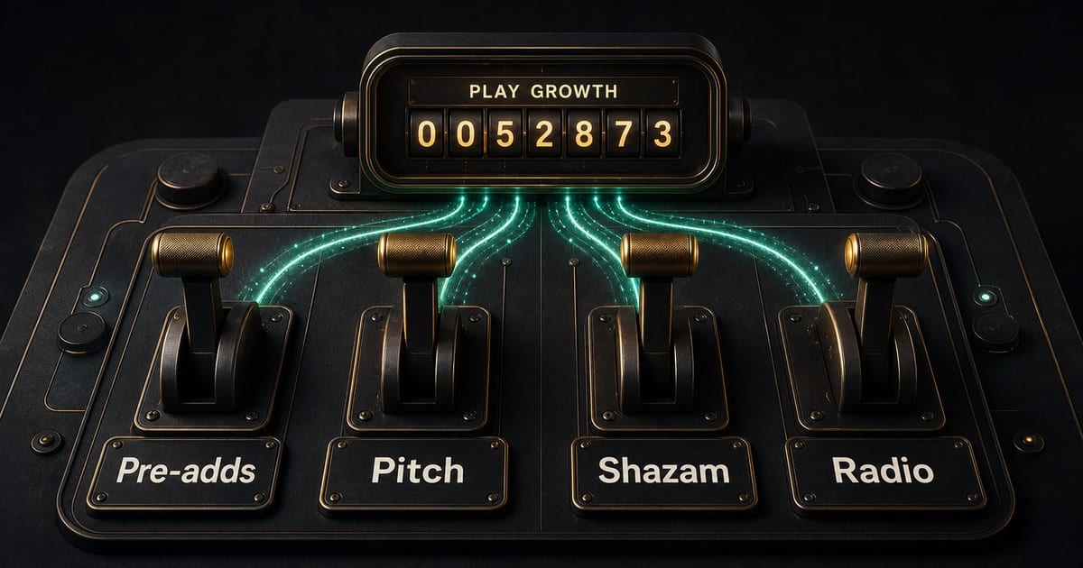 Dark editorial infographic for Get More Apple Music Plays: Pre-Adds to Radio