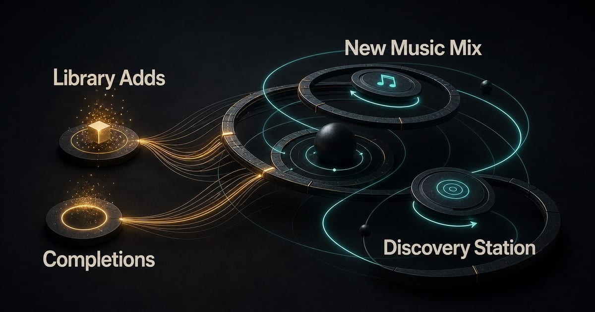 Dark editorial infographic for Apple Algorithmic Playlists: 신호들 and Optimization