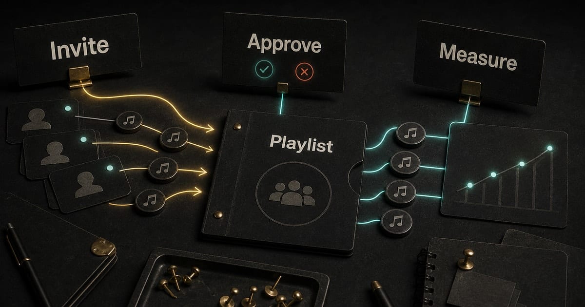 Dark editorial strategy-room illustration for How To Make A Collaborative Playlist On Apple Music [2026]