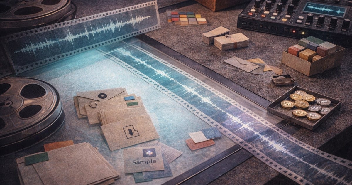Film light-table studio with translucent waveform strips, reel canister, sampler, license document, and revenue objects for an AI music income guide.