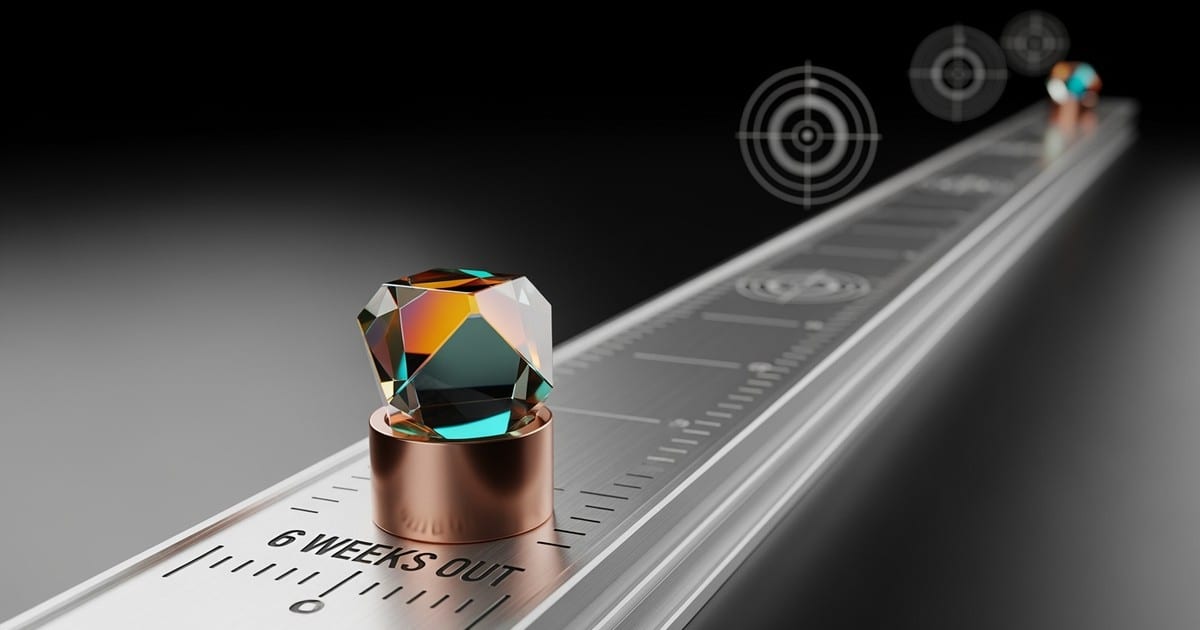 A conceptual close-up of a machined aluminum timeline rail with a glass prism resting at the six-week mark, symbolizing a scheduled music