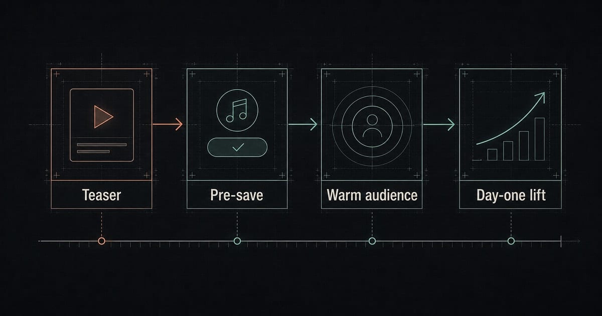 Dark pre-release Instagram campaign blueprint showing warmed intent becoming day-one velocity