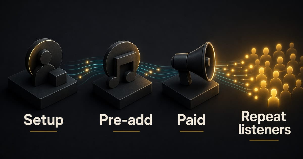 Dark editorial infographic for Promote on Apple Music: Setup, Pre-Add, Paid [2026]