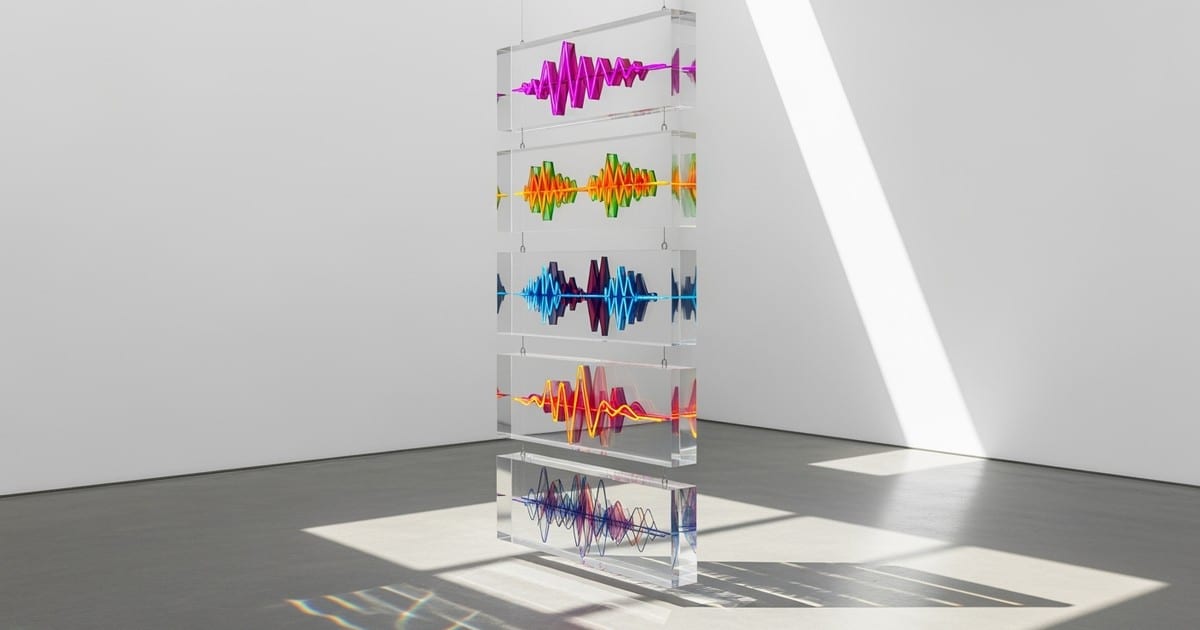 A vertical art installation of suspended clear resin blocks containing vibrant 3D waveforms, symbolizing music in a digital feed, shot in a