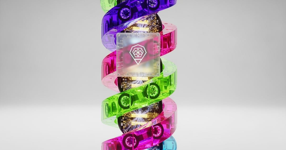 Vertical helix sculpture of translucent neon cassette tapes filled with glowing circuits, representing AI音楽 on a scrolling mobile