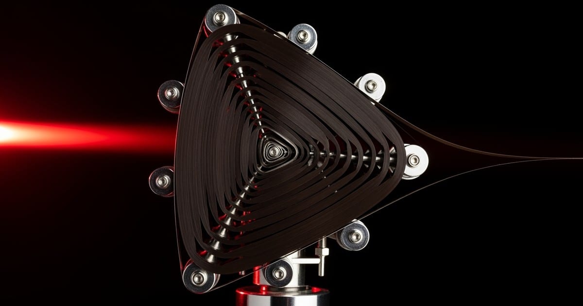 Macro photograph of magnetic cassette tape woven through chrome rollers into a triangular play-button shape, lit by a crimson laser beam.
