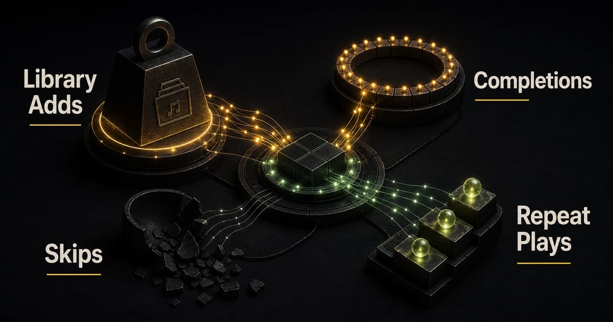 Dark editorial infographic for How to Train Apple Music Algorithm: Library and Plays