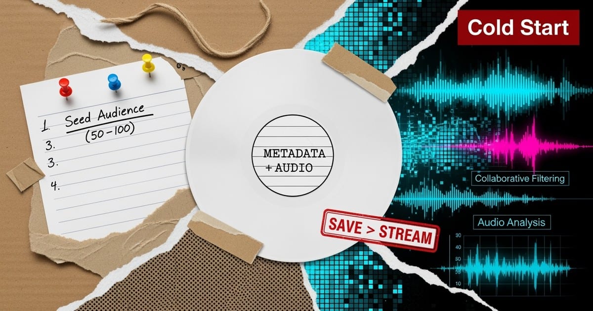 A mixed-media collage showing a vinyl record connected by red thread to a list of listeners, dissolving into digital audio waveforms.