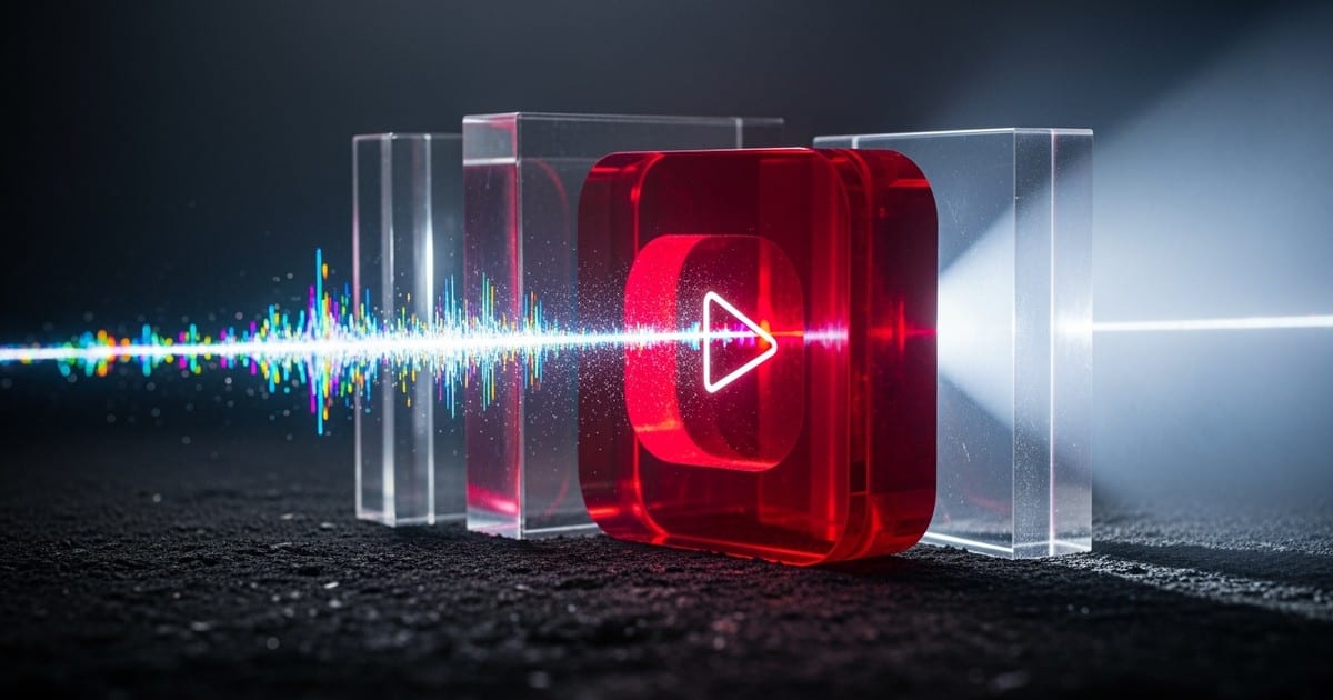 A macro photo of a light beam passing through a ruby-red glass prism, transforming chaotic colors into a focused projection, symbolizing