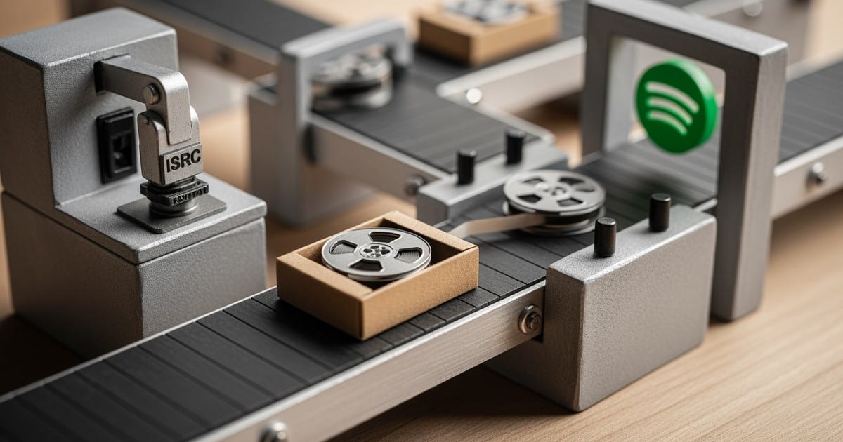 A miniature conveyor belt processing a master audio tape, representing the music distribution supply chain for Spotify.