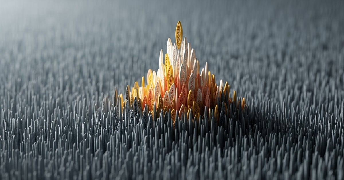 Macro photograph of a paper quilling sculpture depicting a vast flat field of grey paper strips interrupted by a single, towering peak of
