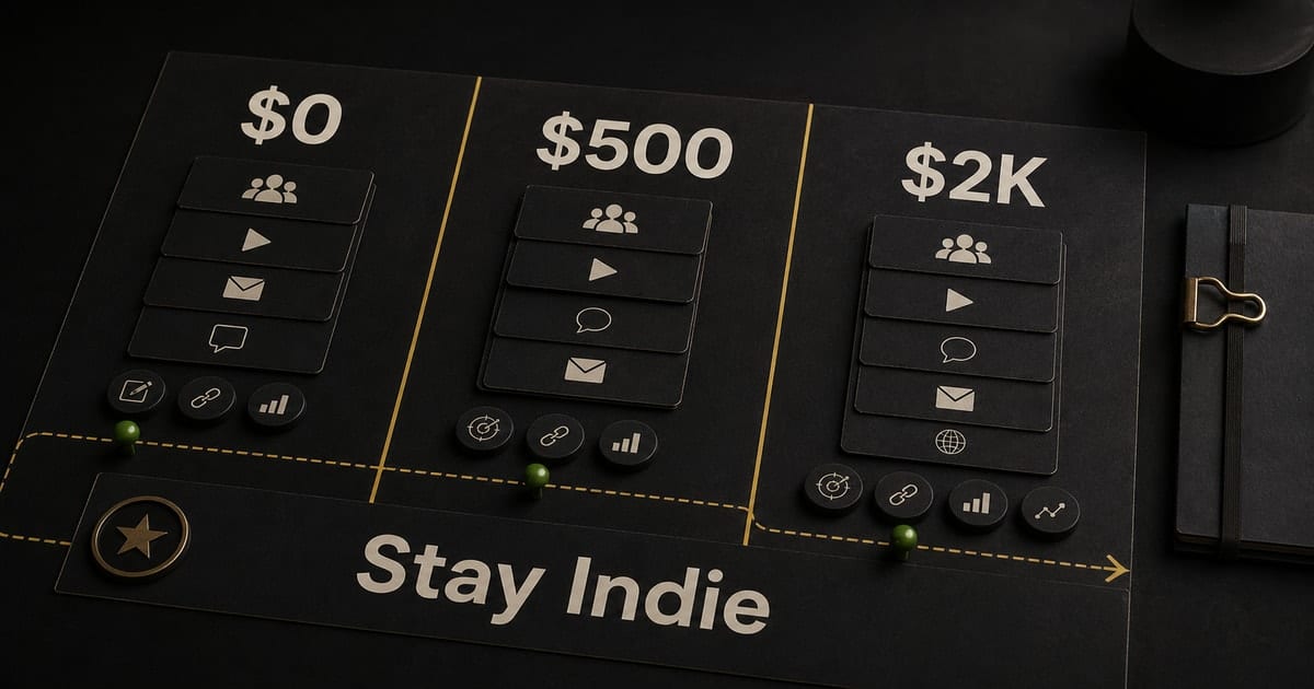 Dark editorial strategy-room illustration for Promote Your Music Without a Label [2026 Tiers]