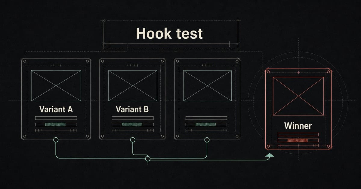 Dark creative testing blueprint showing 인스타그램 music ad hooks tested before scaling budget