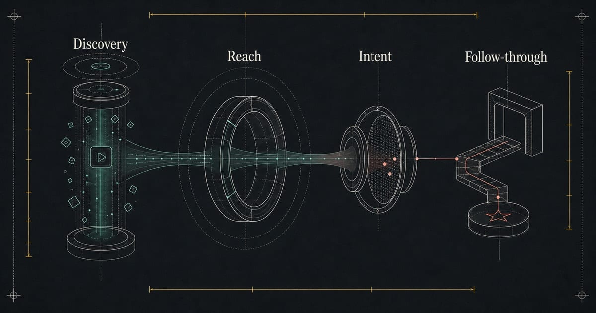 Dark Reels discovery statistics blueprint showing 도달, discovery, intent, and follow-through paths