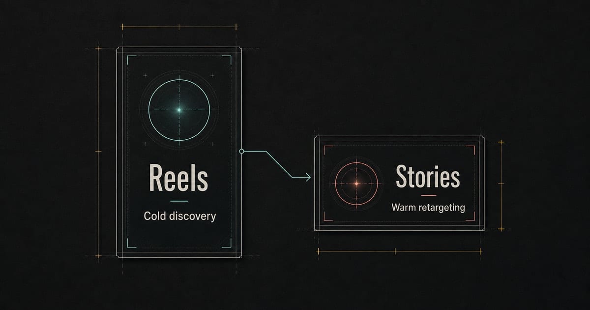 Dark comparison blueprint showing Instagram Reels for cold discovery and Stories for warm retargeting