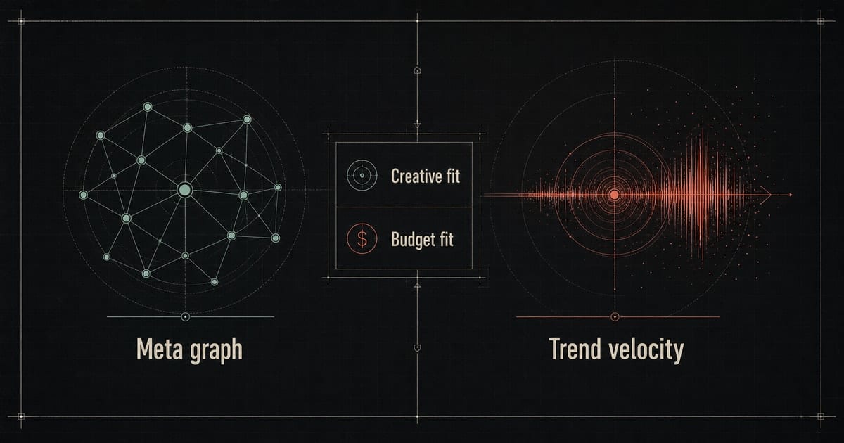Dark ad platform comparison showing 인스타그램 graph 도달 and TikTok trend velocity