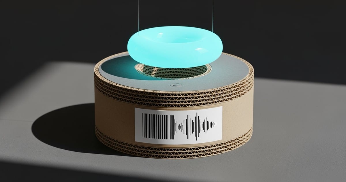A smart speaker constructed from stacked corrugated cardboard sits on a grey surface, with a ring of glowing cyan vapor hovering above it.