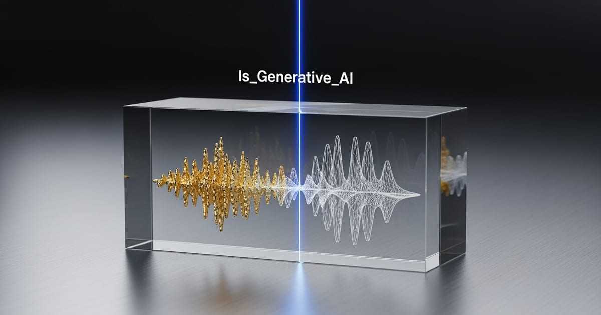 A hyper-realistic 3D render of a glass block containing a sound wave that transitions from organic gold texture to digital wireframe, being