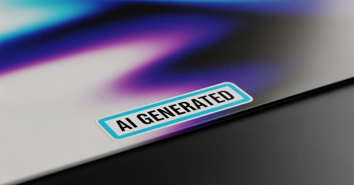 Close-up of a premium vinyl record sleeve featuring a glossy warning sticker in the corner that reads 'AI GENERATED' in bold typography.