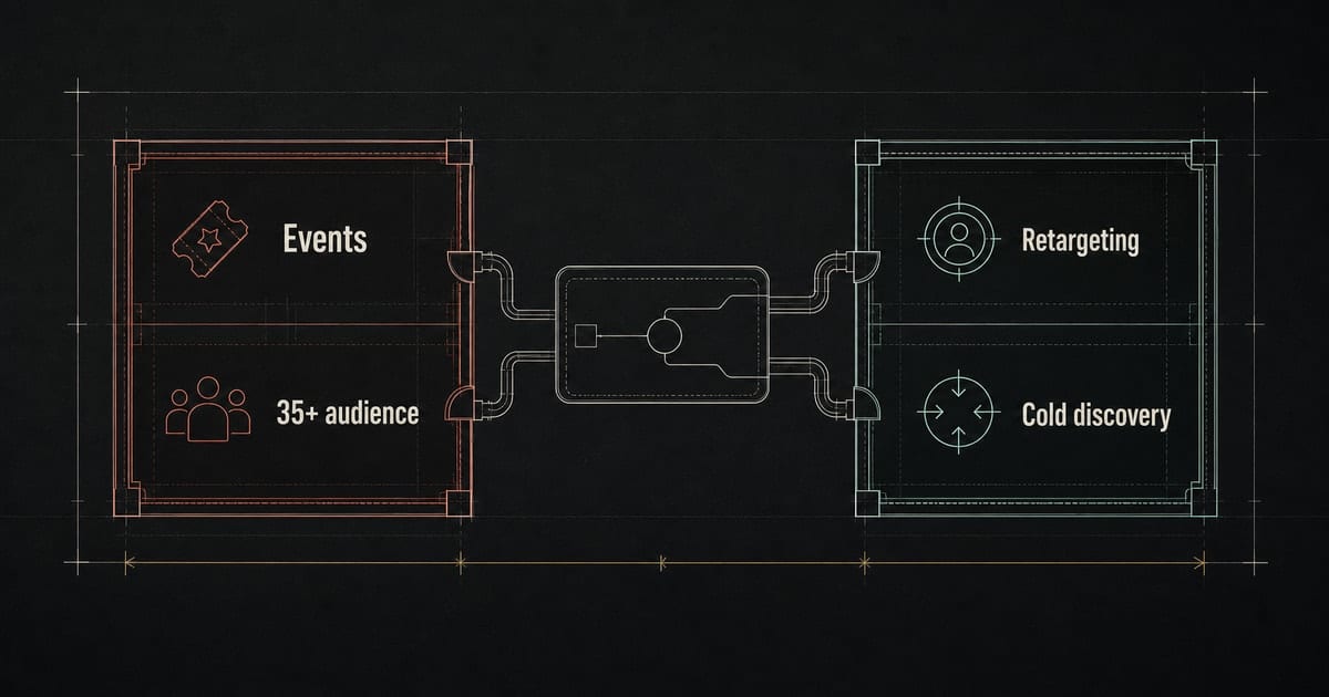 Dark audience channel diagram showing Facebook event and retargeting value beside 인스타그램 discovery