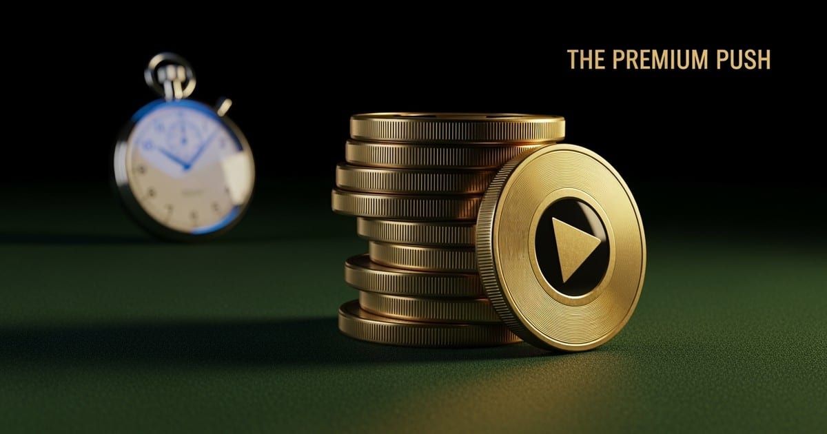 A close-up of a stack of gold, machined brass tokens shaped like play buttons being pushed forward on a dark felt surface, contrasting with