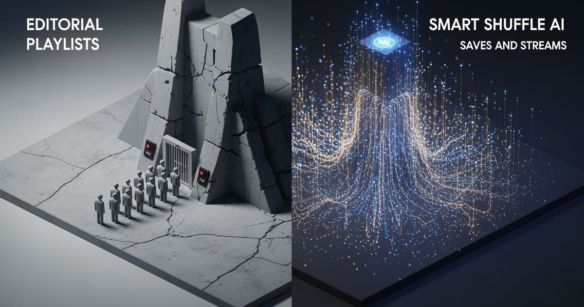 An isometric diorama contrasting a rigid gray fortress for old playlists with a vibrant data network for AI-driven Smart Shuf