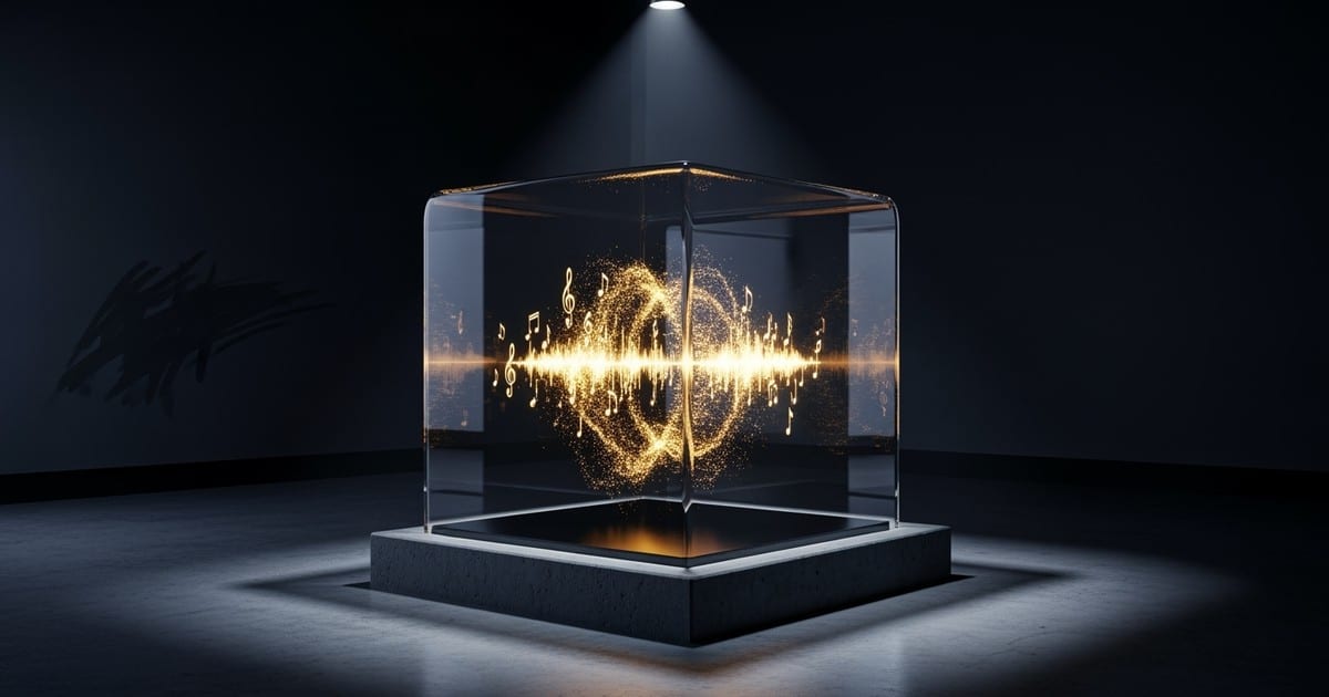 A glowing swirl of golden musical notes trapped inside a thick, sealed glass cube on a concrete pedestal in a dark, secure room.