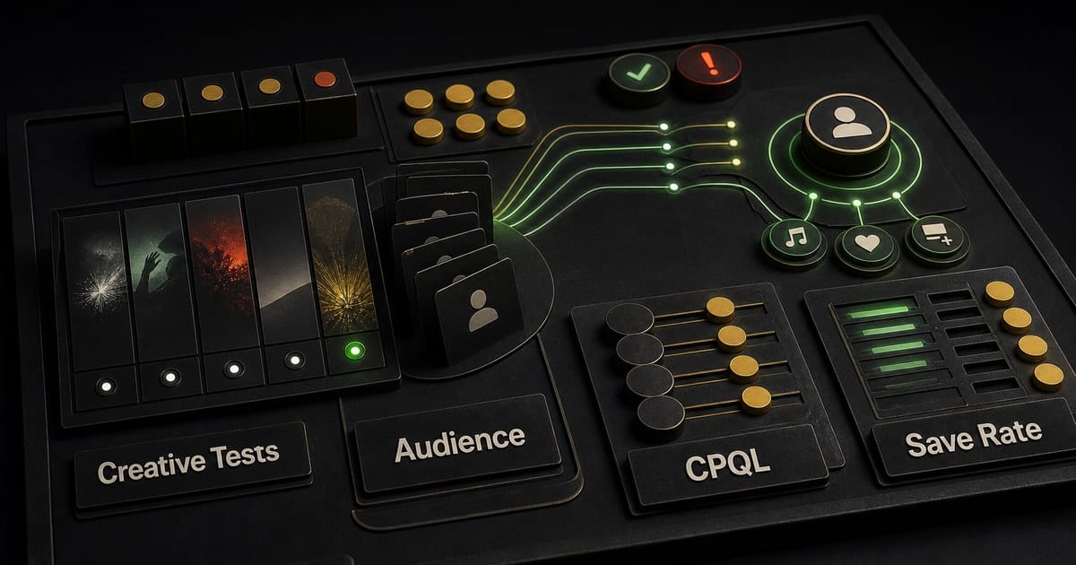 Dark editorial strategy-room illustration for Ad Tech for Music Promotion: Label-Ready [2026]
