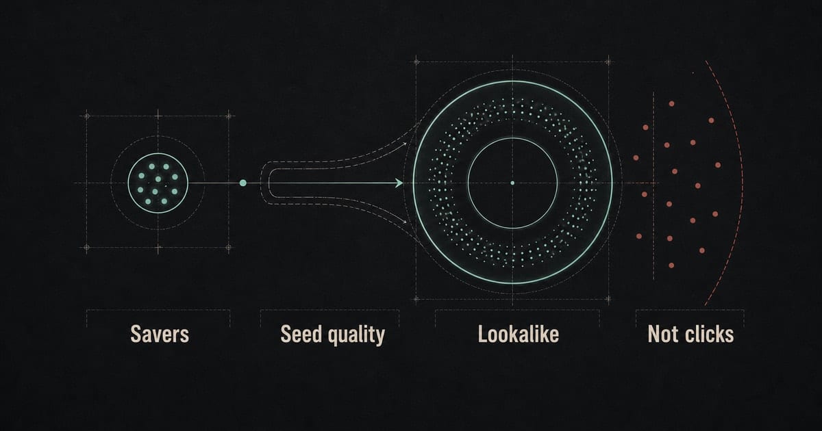 Dark lookalike audience blueprint showing high-quality music saver seeds expanding into similar listeners