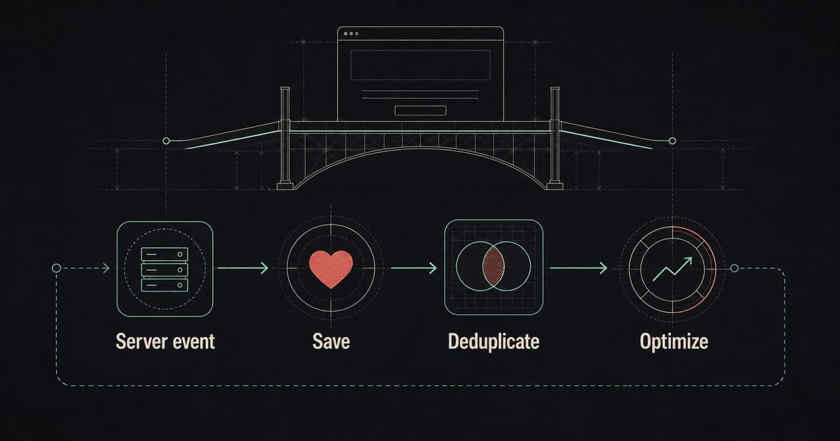 Dark server-side tracking blueprint showing Meta Conversions API restoring music campaign save signals