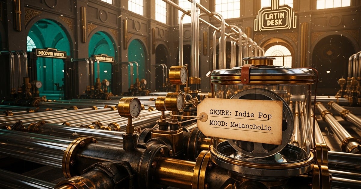 A close-up of a retro-futuristic pneumatic tube system where a brass canister labeled Indie Pop is being routed through glass pipes.