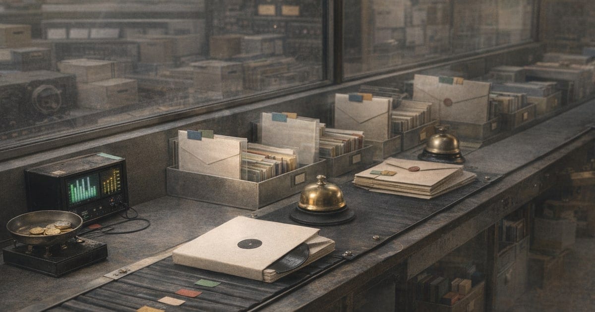 Workshop conveyor with a blank release package passing payout, monetization, support, and contract inspection stations for a distribution service guide.
