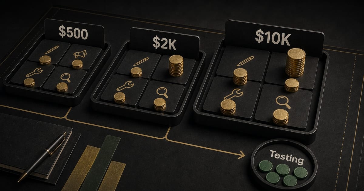Dark editorial strategy-room illustration for Music Marketing Budget: $500 to $10K Tiers [2026]