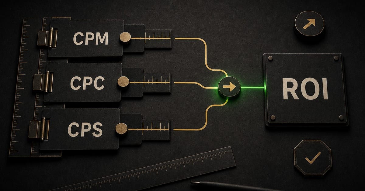 Dark editorial strategy-room illustration for Music Marketing ROI: CPM, CPC, CPS Benchmarks [2026]