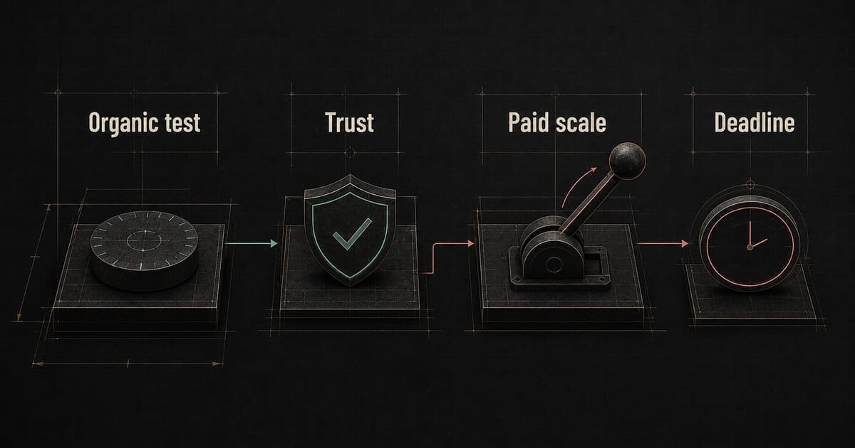 Dark Reels strategy diagram comparing organic creative tests with paid scale for proven music hooks