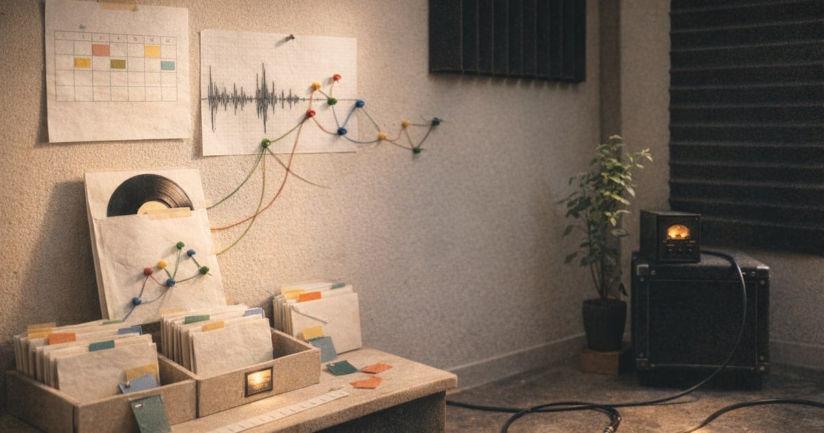 Documentary rehearsal studio scene with release calendar blocks, waveform pins, cables, analog meter, and growth cues for an organic Spotify 프로모션 가이드.